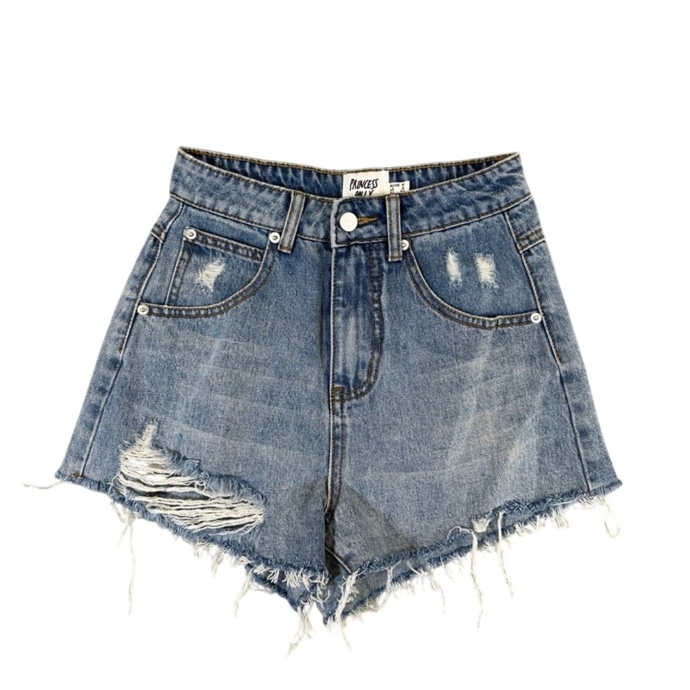 Princess Polly Distressed Denim Shorts Light Wash Blue High Waisted Size 2